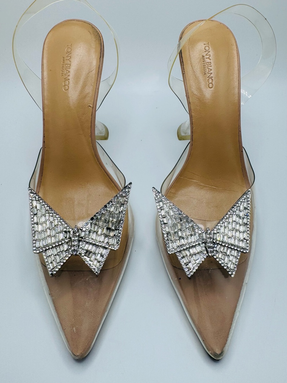 Tony Bianco Clear Slingback Heels with Silver Crystal Bow